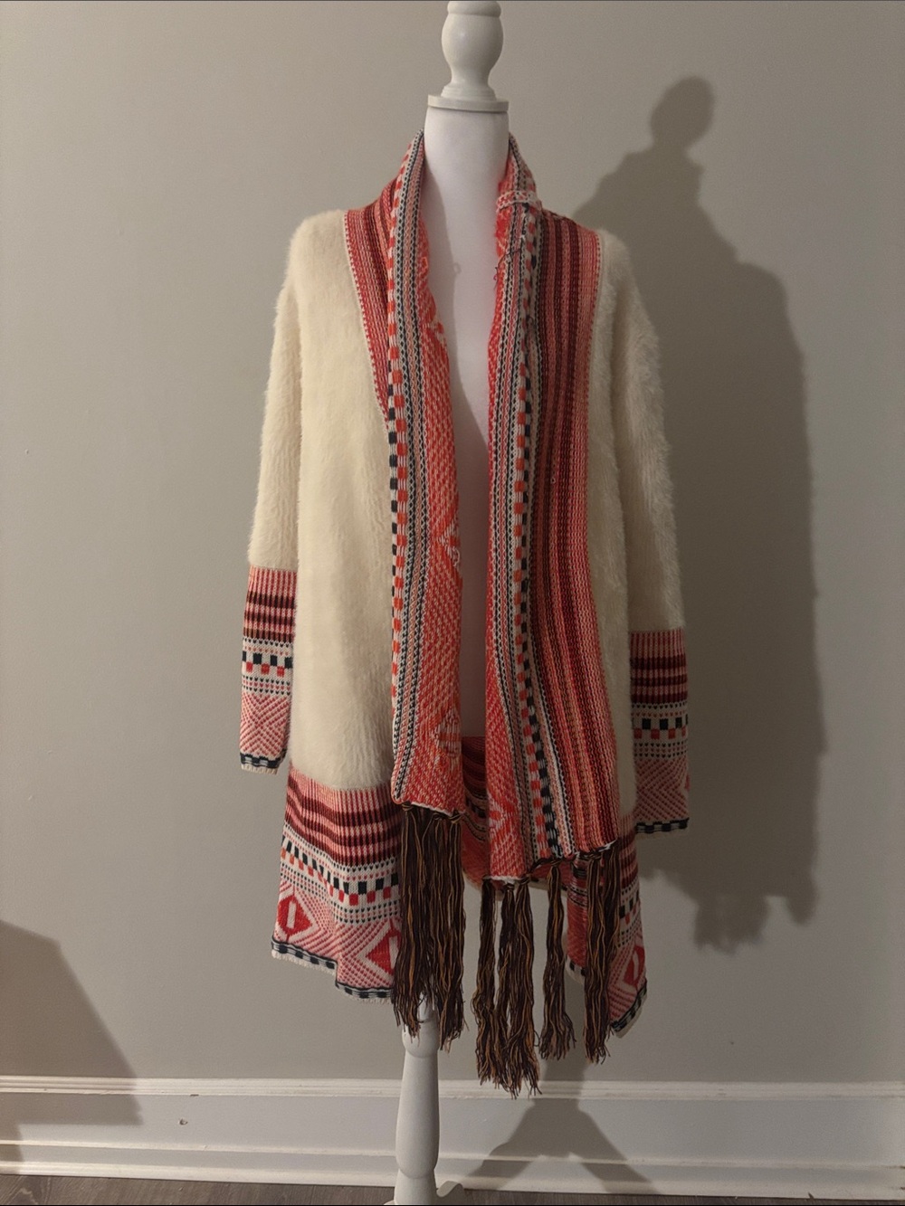 Anthropologie Cream Cardigan with Coral & Pink Patterned Trim